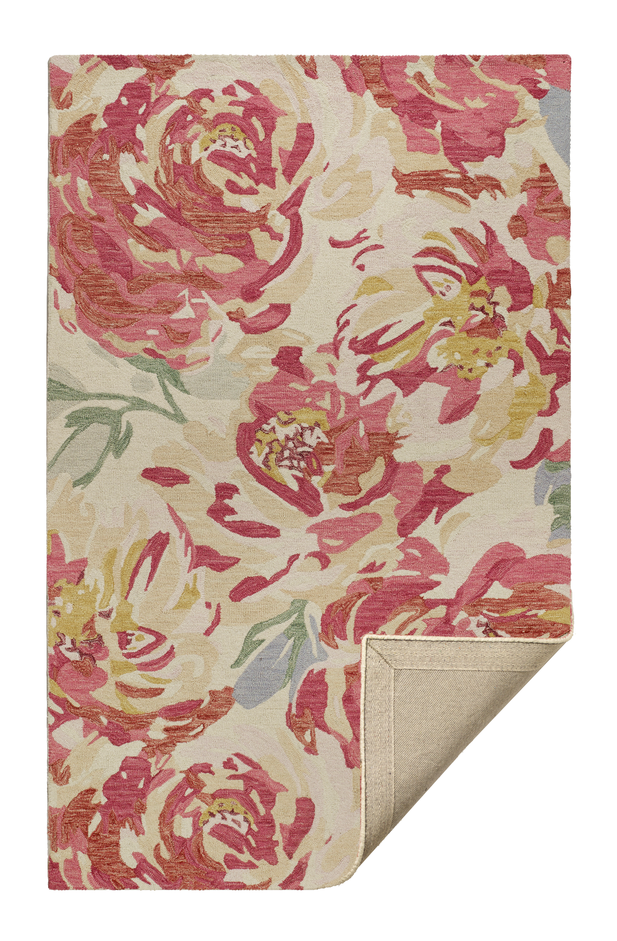 Full view of pink and cream floral wool area rug with corner folded back